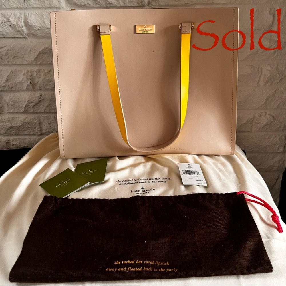 Kate Spade New York Leather Tote – Warm Grey with Yellow Trim